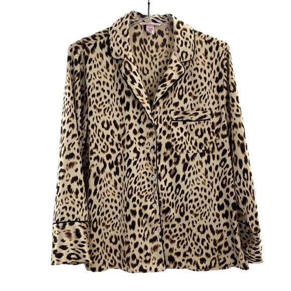 Victoria's Secret Womens Leopard Print Notched Satin Button-Up Pajama Top Small - Picture 1 of 4